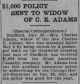 $1,000 Policy Sent To Widow Of Charles Evander Adams
