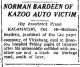 Norman Bardeen Of Kazoo Auto Victim.